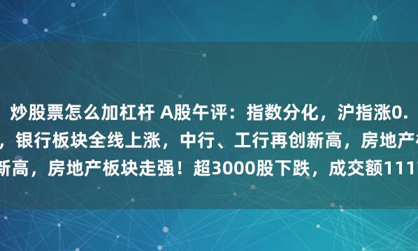 炒股票怎么加杠杆 A股午评：指数分化，沪指涨0.38%创业板指跌0.52%，银行板块全线上涨，中行、工行再创新高，房地产板块走强！超3000股下跌，成交额11170亿放量12亿